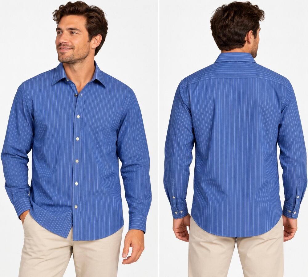 Vintage Polo Ralph Lauren Mens 17.5 Blue Pinstripe Dress Shirt Custom Fit